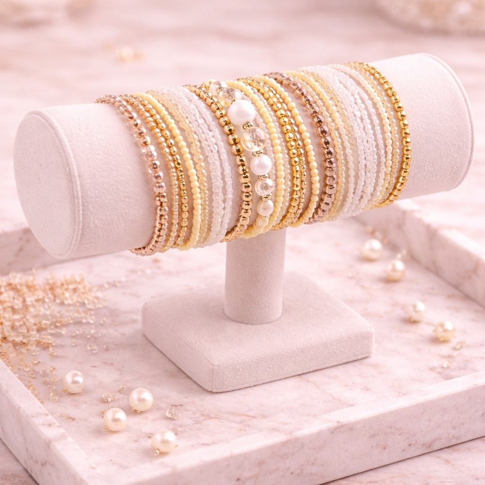 Gold Ivory Bracelet Stack Set Beaded Crystal‎ Pearl Stretch Boho - Picture 4 of 4